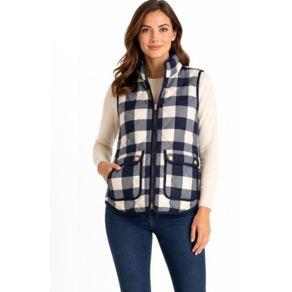 J.Crew Excursion Quilted Puffer Vest Navy White Buffalo Check Plaid Size L 02533